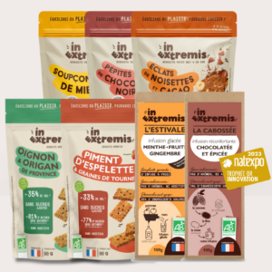 Pack-biscuits-vegan-sains-healthy-reduits-en-sucres--reduits-en-sel-100%-vegetal-miel-pepites-chocolat-noisettes-cacao-oignon-origan-tournesol-piment-Espelette-In-Extremis-Infusion-bio-gingembre-cacao