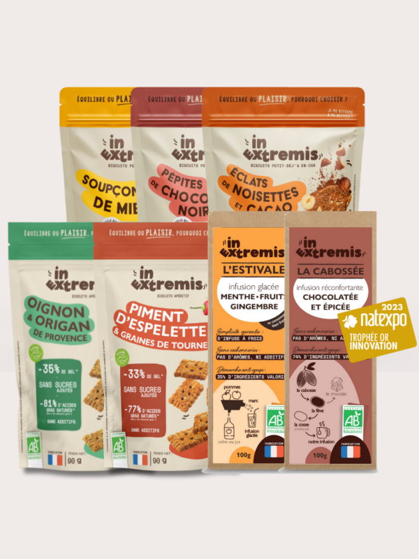 Pack-biscuits-vegan-sains-healthy-reduits-en-sucres--reduits-en-sel-100%-vegetal-miel-pepites-chocolat-noisettes-cacao-oignon-origan-tournesol-piment-Espelette-In-Extremis-Infusion-bio-gingembre-cacao