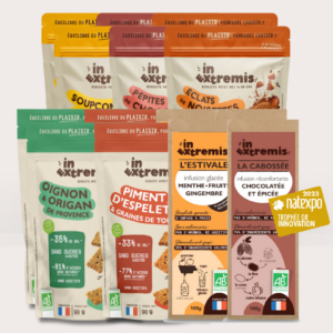 Pack-biscuits-vegan-sains-healthy-reduits-en-sucres--reduits-en-sel-100%-vegetal-miel-pepites-chocolat-noisettes-cacao-oignon-origan-tournesol-piment-Espelette-In-Extremis-Infusion-bio-gingembre-cacao