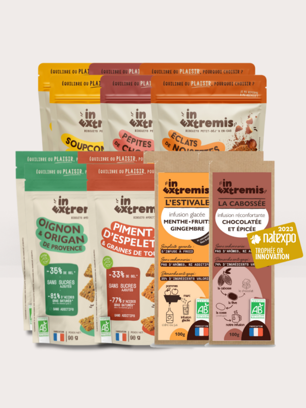 Pack-biscuits-vegan-sains-healthy-reduits-en-sucres--reduits-en-sel-100%-vegetal-miel-pepites-chocolat-noisettes-cacao-oignon-origan-tournesol-piment-Espelette-In-Extremis-Infusion-bio-gingembre-cacao